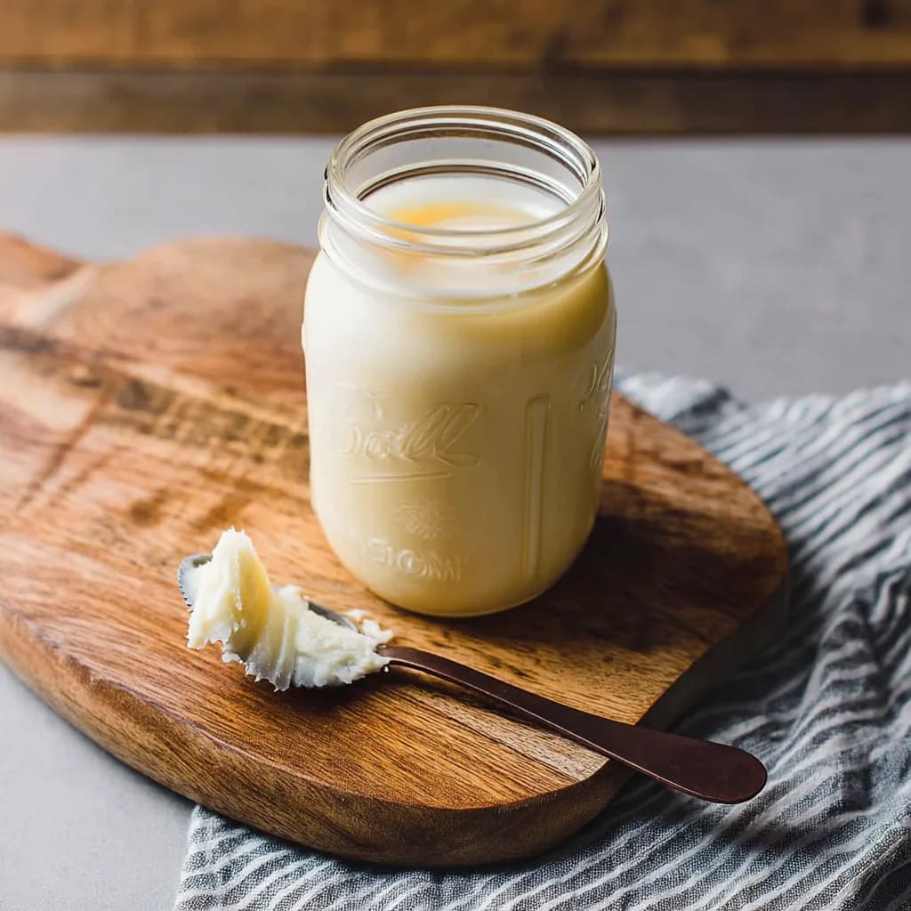 Jar of rendered beef tallow on a wooden board