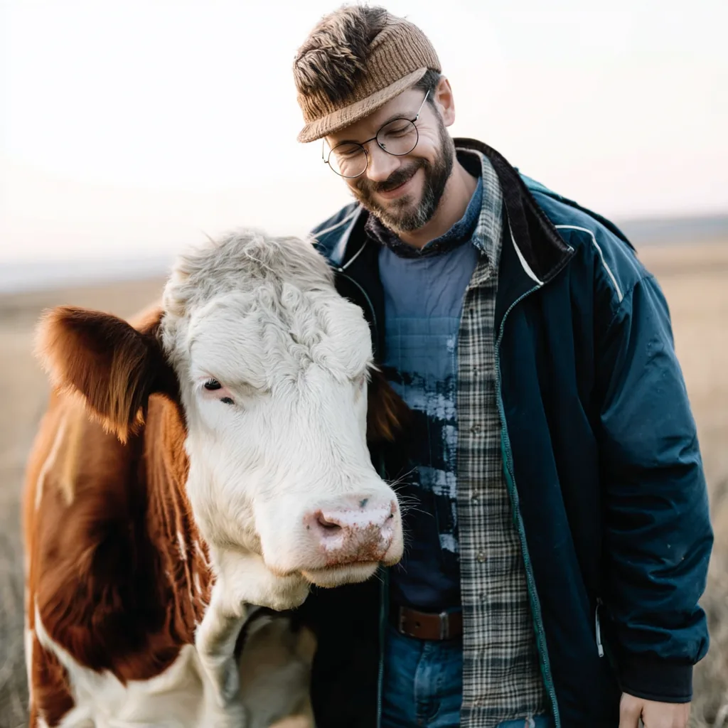 Farmer with cow in a regenerative farming field